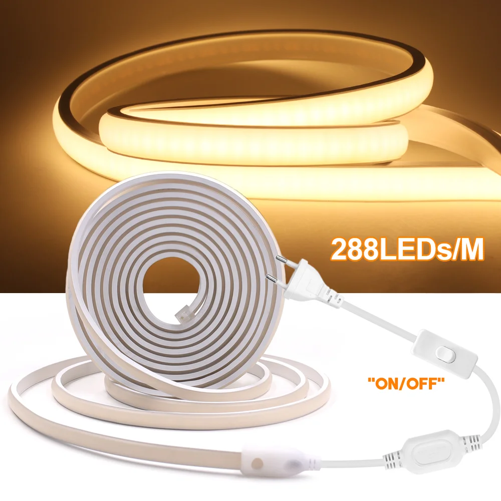

220V COB LED Strip with Switch Plug 288LEDs/m RA90 Flexible FOB Tape Ribbon Diode IP67 Waterproof Neon Lamp 3000K 4000K 6000K