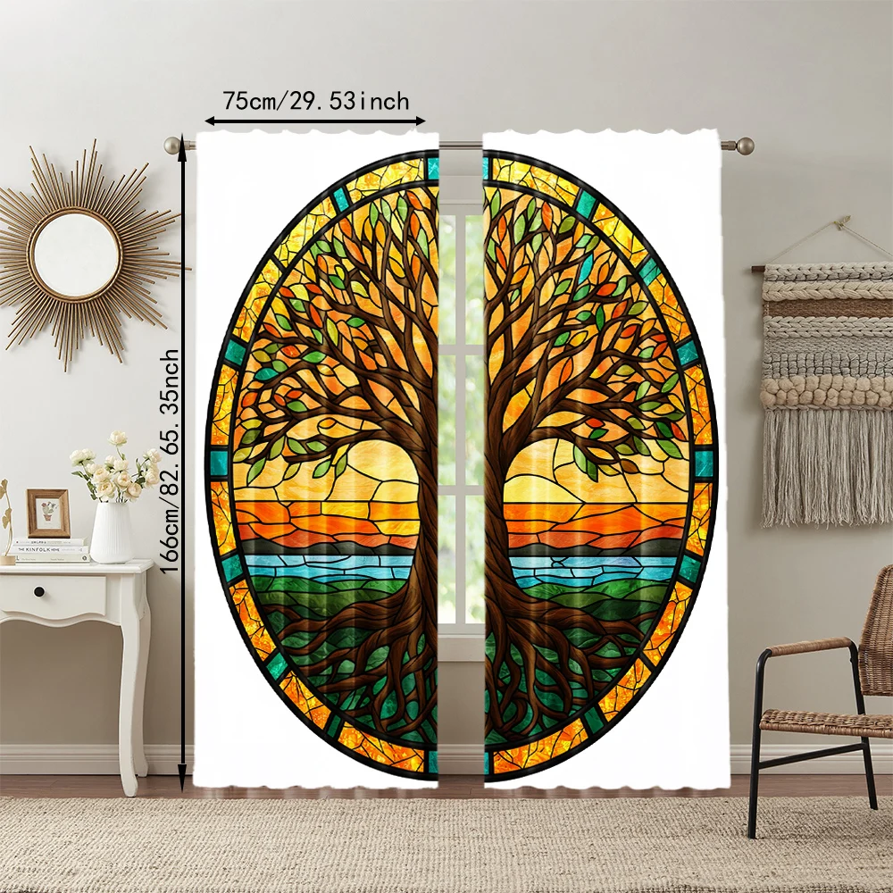 2pc, Window Drapes Bohemian tree pattern Versatile Fabric,Without Electricity Birthday Party Perfect for Holiday Decor 3
