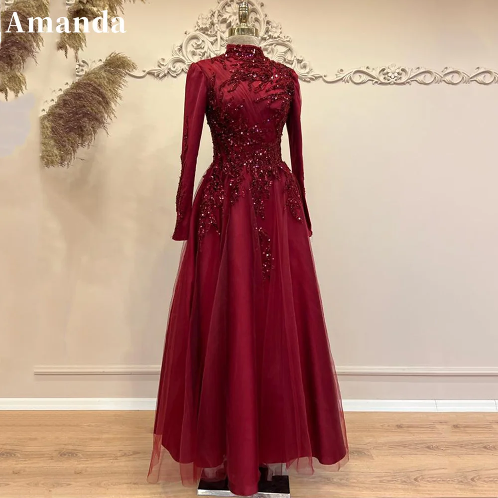 

Amanda Elegant High Neck Prom Dress 2023 Sequins A-line Evening Dress Beading Embroid Party Dress Modest فساتين مناسبة رسمية