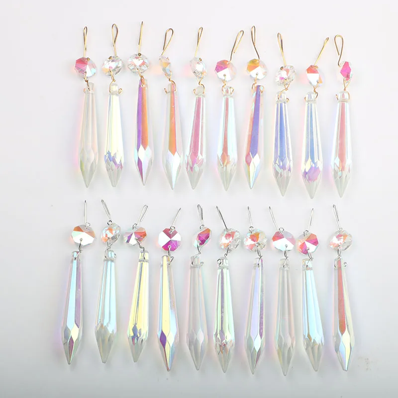 20pcs 76mm AB Crystal Chandelier Icicle Prisms with Octagon BeadS Crystals Lighting Lamp Replacement Parts