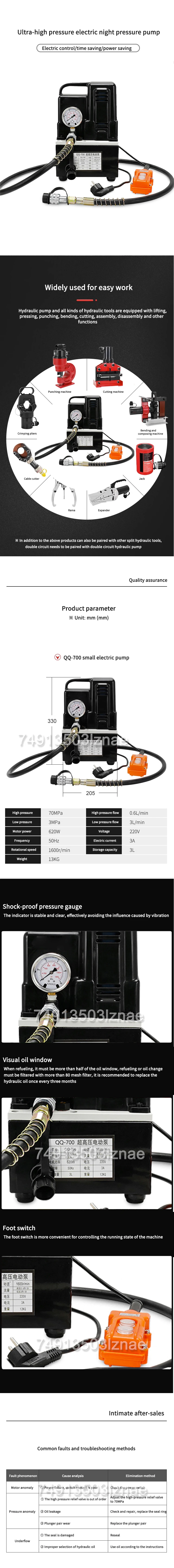 QQ-700 Small Electric Pump 620W Ultra High Pressure 220V Hydraulic Pump With Man