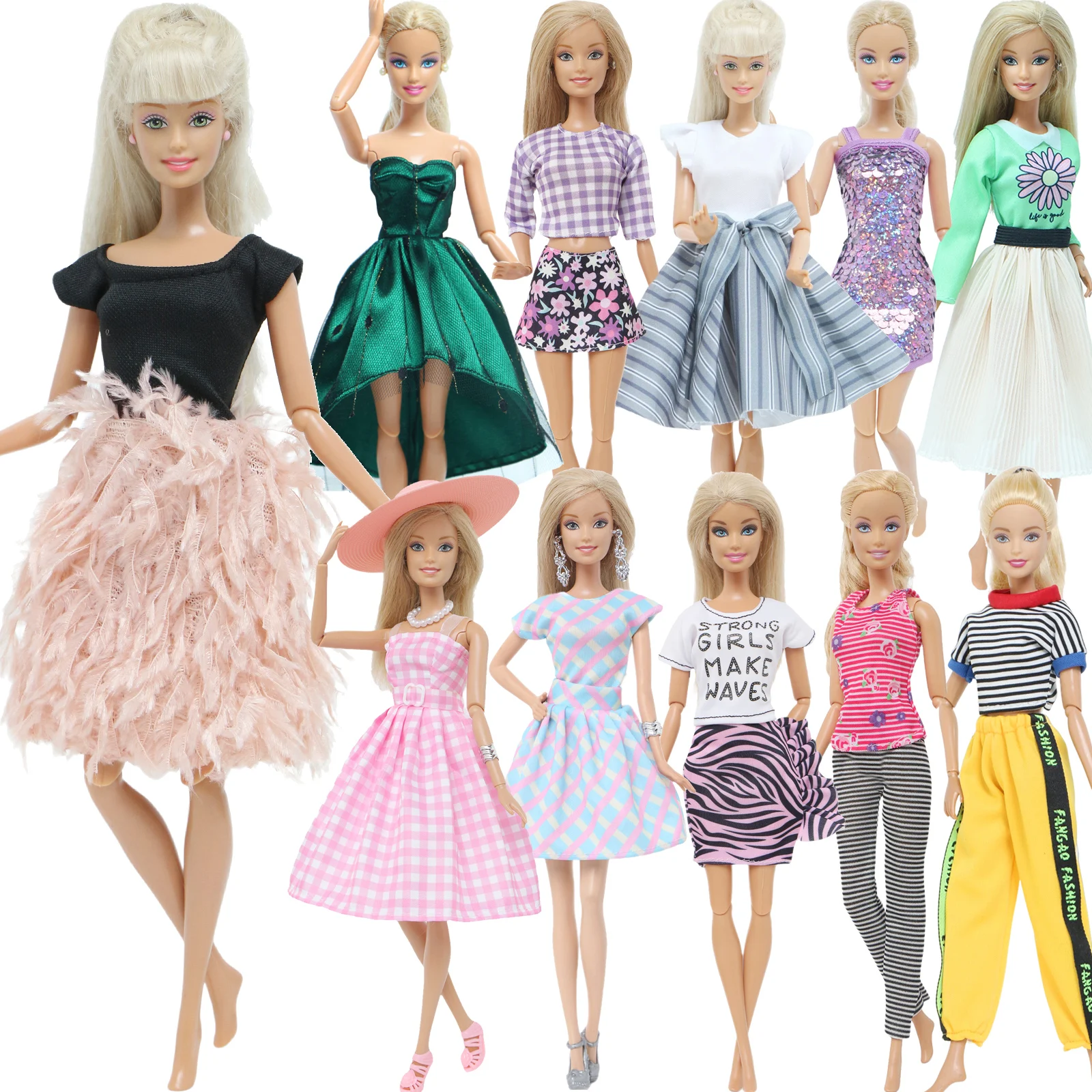 1 Set Fashion Multicolor Outfit Wave Point Dress Shirt Denim Grid Skirt 11.5 Inch 11.8" 30cm Girl Doll Accessories Clothes