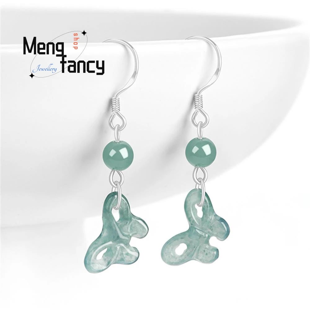 

Natural A-goods Jadeite Blue Water Bow Earrings Ice Jade S925 Silver Inlaid Ancient Style Female Models Luxury Quality Jewelry