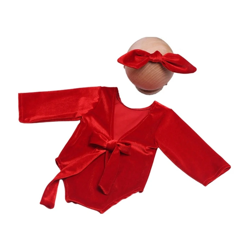 

Newborn Photo Props Bowknot Headband Backless Red Jumpsuit Posing Clothes Baby Photography Suit Infant Christmas Costume