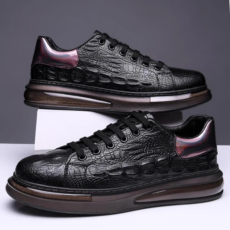 

Spring Crocodile Pattern Thick Soled Men Sneakers Leather Casual Oxford Shoes Fashion Leather Low Top Lace-Up Brand Casual Shoes