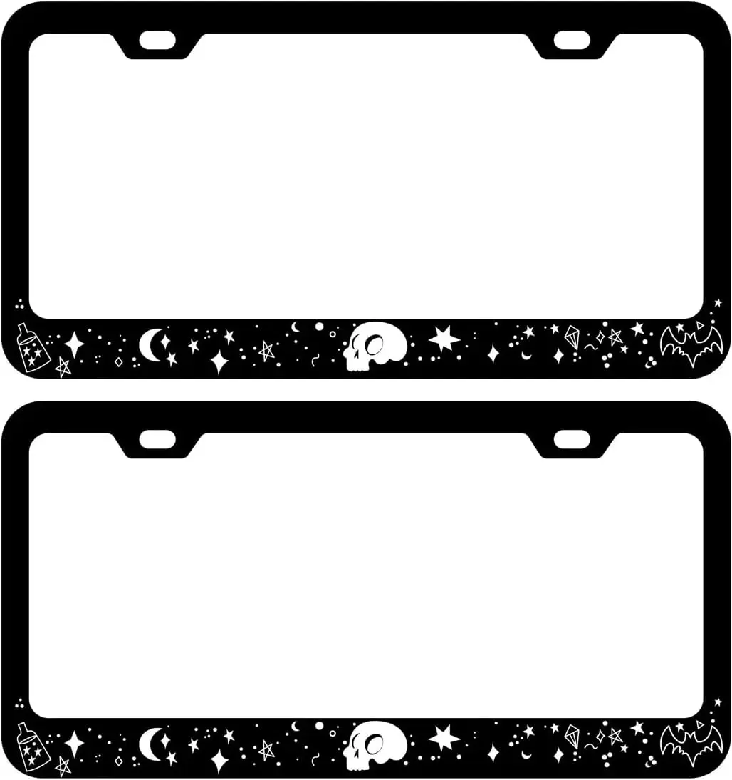 

2 Pack Skull Stars Bat License Plate Frames Stainless License Plate Cover with Screw Caps Cover and Screwdriver Set 2 Holes