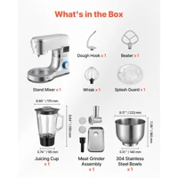 SucceBuy Batteur sur socle électrique de cuisine 5,7/6/7,8 L 1500 W, pétrin, 6+ vitesses, batteur culinaire à tête inclinable avec gobelet mélangeur de 1,5 L 2