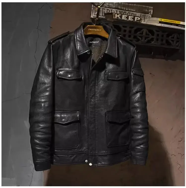 Description Picture 3 of itemYR!Free shipping.Luxury Men's business casual Real leather jacket.Heavy 1.5mm Full Grain tanned cowhide coat.Warm Hunting wear