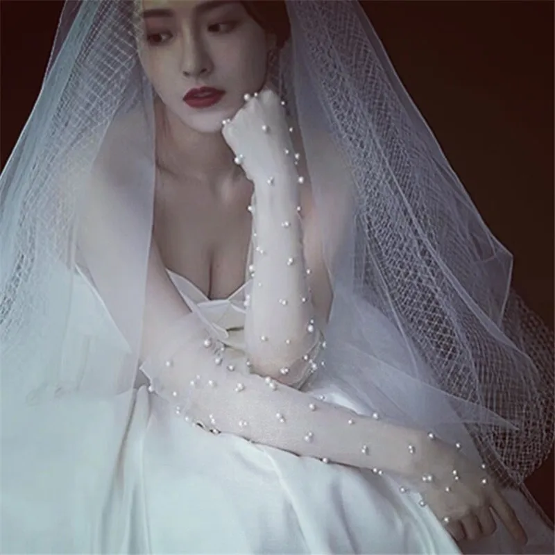 

Bridal Gloves White Wedding Dress Pearl Mesh Gloves White Yarn Long Travel Photography Arms Hiding Summer Thin