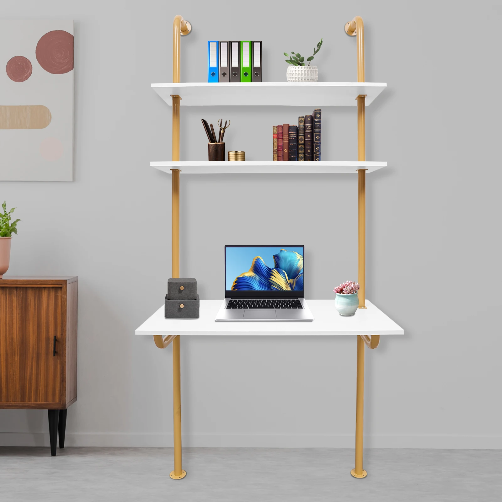 Wall Mount Desk 3 Tiers Computer Writing Table Laptop Industrial Bookcase Floating Pipe Ladder with Shelf for Home Office School 5