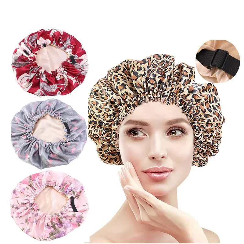 

Wholesale Silky Satin Bonnet Hair Cap Double Layer Sleep Night Cap with Invisible Flat Adjusting Button Head Cover Bonnet Hat