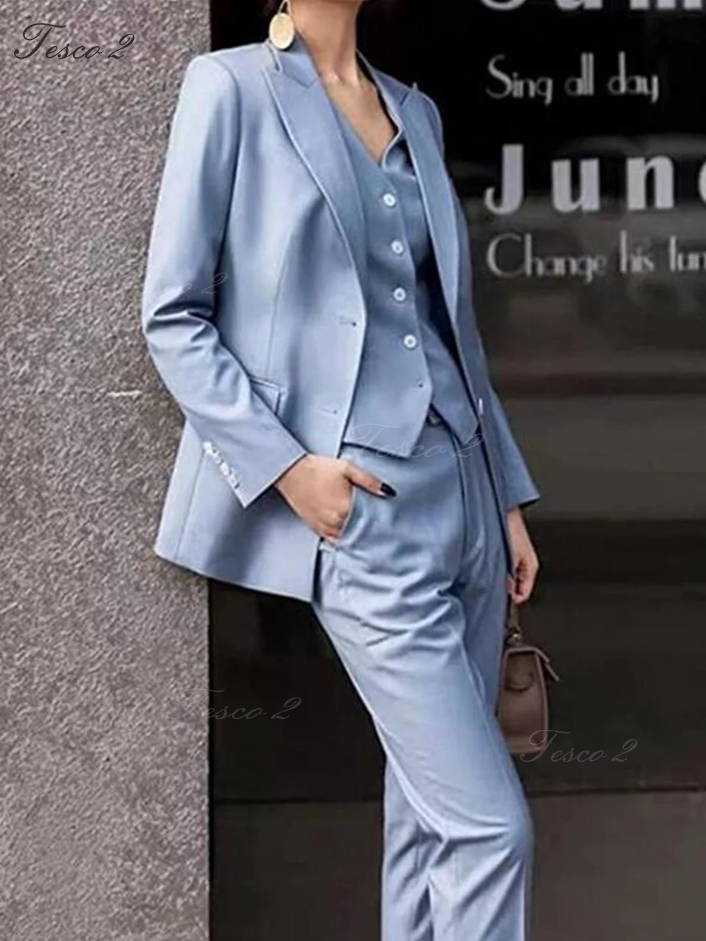 3 Pcs Women PantSuits For Women Peak Lapel Blazer Slim Fit Long Pants Vest  Officer Lady Trousers Suits