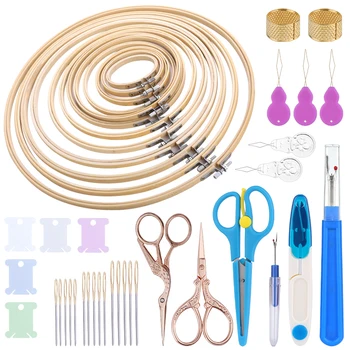 IMZAY – ensemble de cerceaux de point de croix en bambou, ensemble de cadres de broderie, outils de couture, accessoires avec ciseaux à coudre, aiguilles à coudre 1