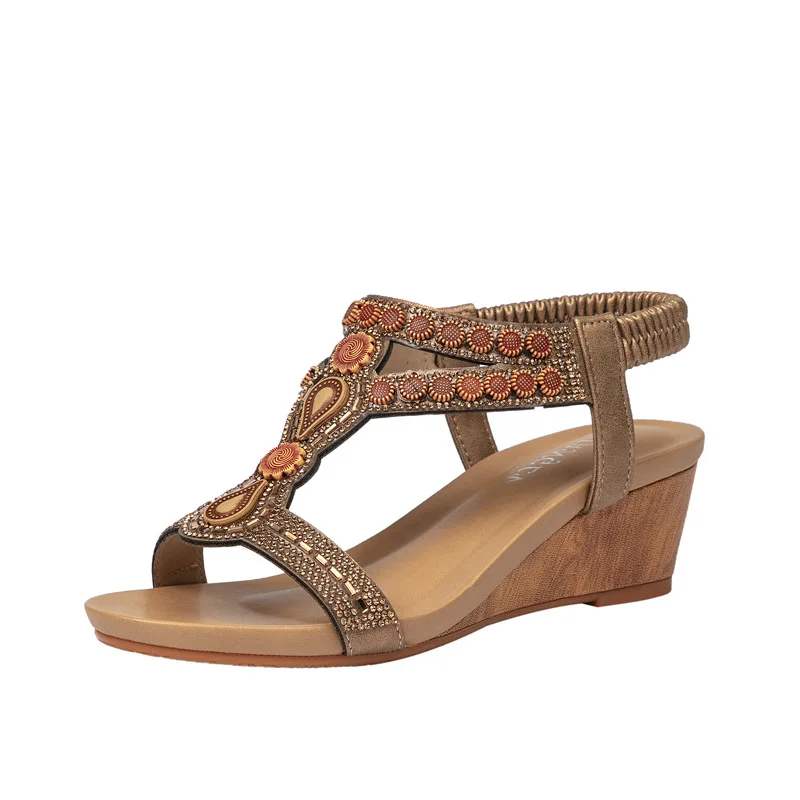 

Poe Heel Sandals New Thick Sole Asian Ethnic Wind Pressure Diamond Travel Women's Bohemian Roman Shoes Sandalia Feminina