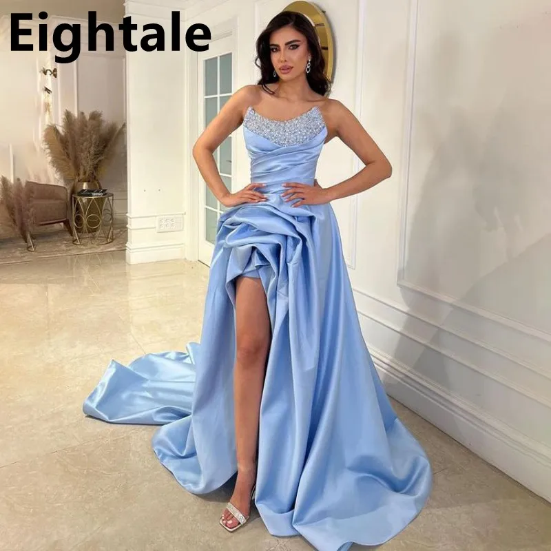 

Eightale Light Blue Mermaid Satin Prom Dress Sexy Slit Evening Party DressPearls Strapless Formal Prom Gown Robes De Soirée