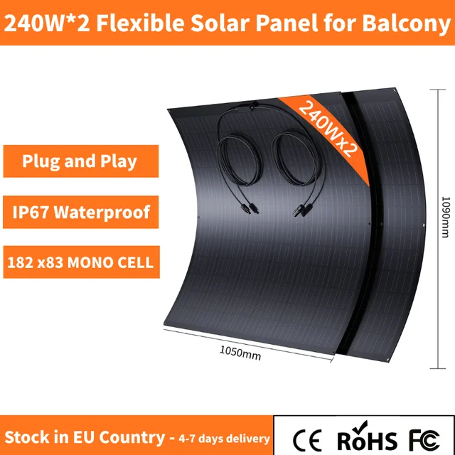 Panneau solaire flexible monocristallin haute efficacité 240W, 2 ou 4 unités (480W 960W) pour balcon, camping-car, camping, bateau, système photovoltaïque 1