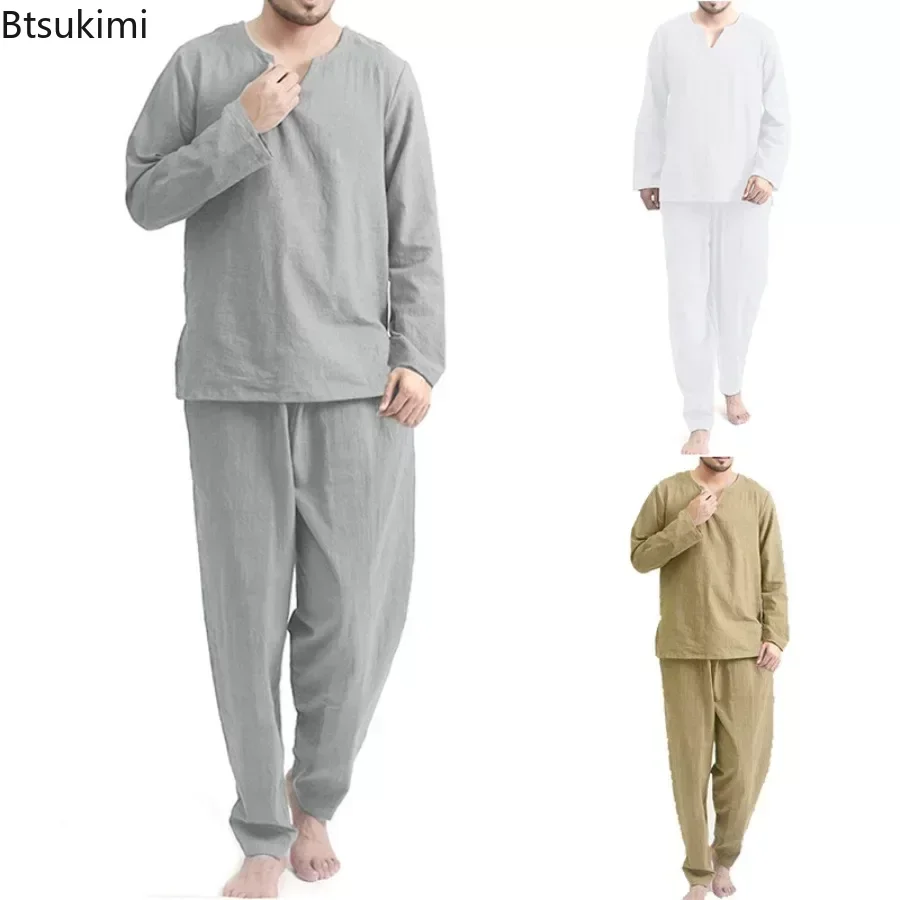 2024 Men's Casual Two Pieces Set Pajama Sets Solid Long Sleeve Pullover Tops and Elastic Waist Pant Pijamas Soft Sleepwear Male men coral fleece warm pyjamas sleepwear men s flannel winter thick pajama thick long sleeve pijama for male