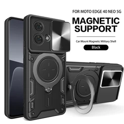 Enhanced Protective Kickstand Phone Case with Slide Camera Cover and Iron Ring for Edge 40 Neo 5G (Black)