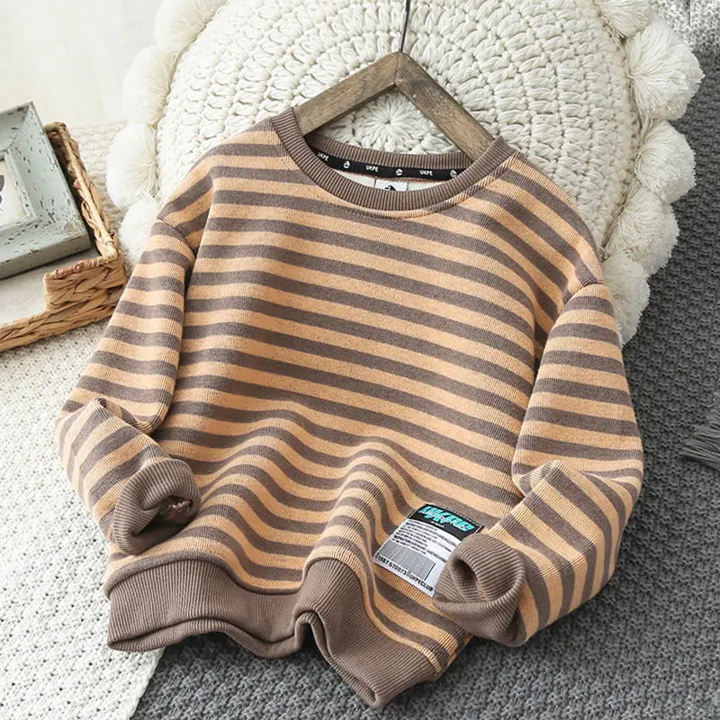 Kids Sweater Boys Fleece-lined sweater Stripe Thickening warm Bottoming shirt Long-sleeved top