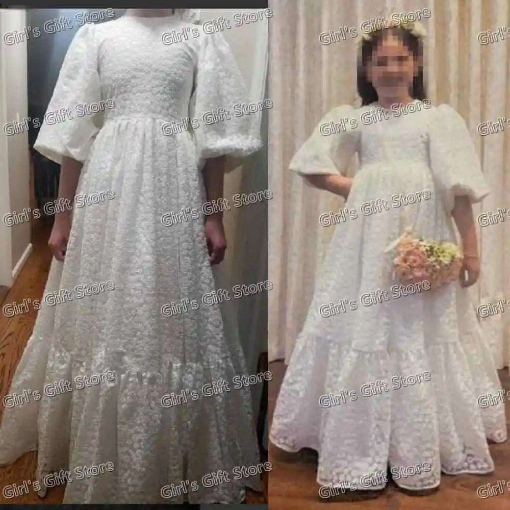 Puffy Bulb Sleeve Flower Girl Dresses For Wedding High Waisted Pricness Girl Dresses First Communion Kids Gown Vestidos De Novia