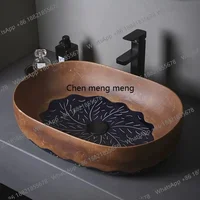 อ่างล้างหน้าแบบตั้งโต๊ะทรงรีสไตล์เรโทร อ่างล้างหน้าเซรามิกขนาดใหญ่ อ่างล้างหน้าสำหรับโรงแรมและลานบ้าน อ่างล้างหน้าเดี่ยว 1