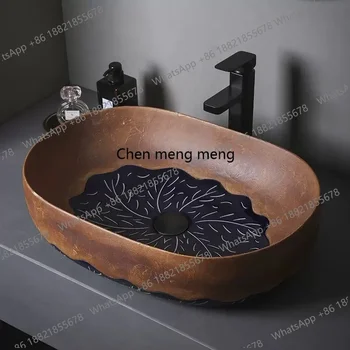 อ่างล้างหน้าแบบตั้งโต๊ะทรงรีสไตล์เรโทร อ่างล้างหน้าเซรามิกขนาดใหญ่ อ่างล้างหน้าสำหรับโรงแรมและลานบ้าน อ่างล้างหน้าเดี่ยว 1