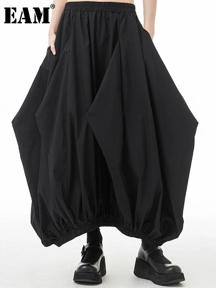 [EAM] High Elastic Waist Black Irregular Pleated Casual Long Half-body  Skirt Women Fashion Tide New Spring Autumn 2024 1DE8027