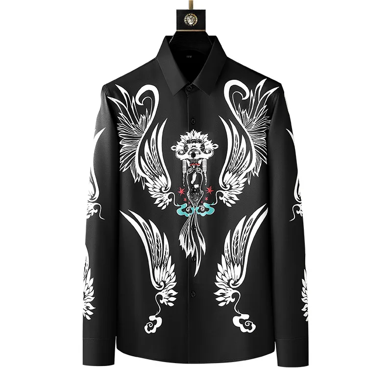 

Spring High Quality Men Long Sleeve Shirts For Man Turn Down Fashion Casual Black Print Tops