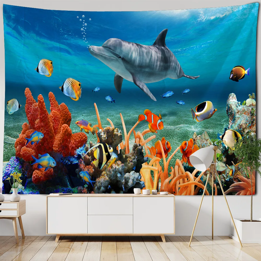 Sunshine shining on the seabed tapestry, ocean wall hanging, dolphin and starfish background cloth, cartoon home decoration