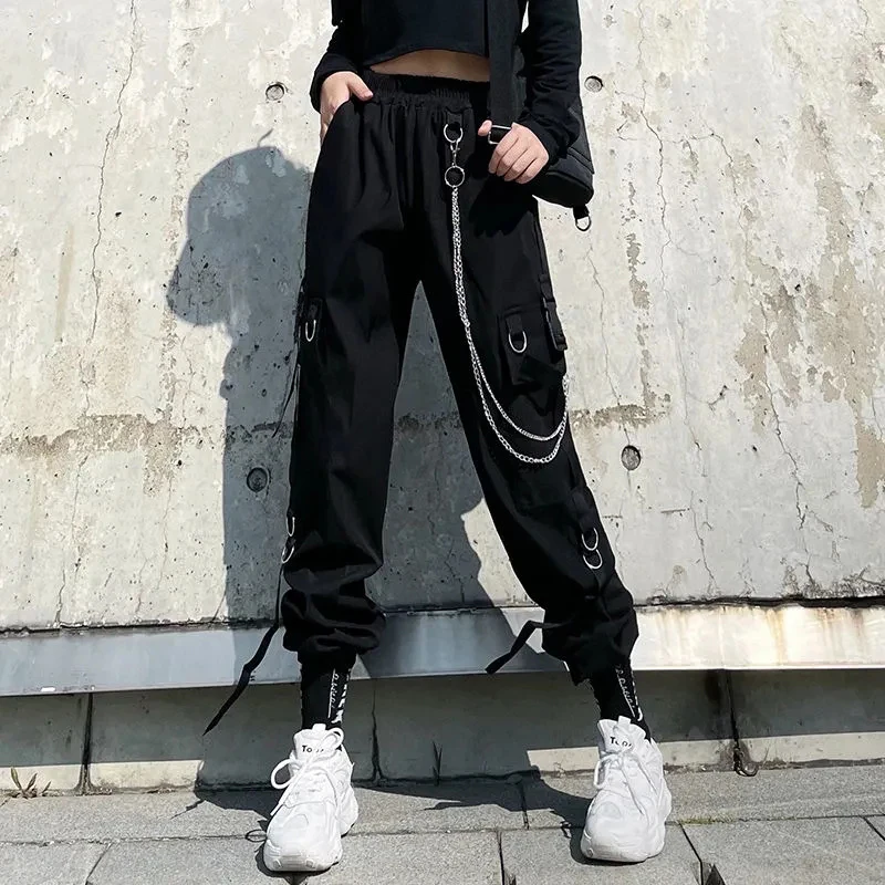 Lucyever Harajuku Black Cargo Pants Women High Waist Baggy Chain