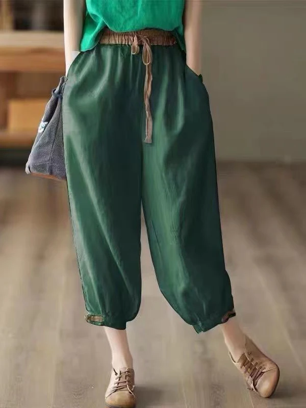 

Vintage Green Home Capri Pants for Women 2023 Autumn Lace Up Soft Cotton Bloomers Baggy Harem Trousers Loose Women's Joggers