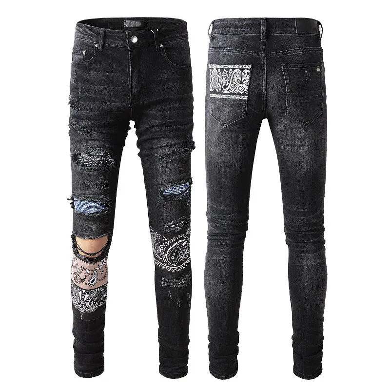 

High Quality Pants Bandana Streetwear for Men Women Luxury Black Cashew Patchwork Distressed Stretch Damaged Holes Skinny Jeans