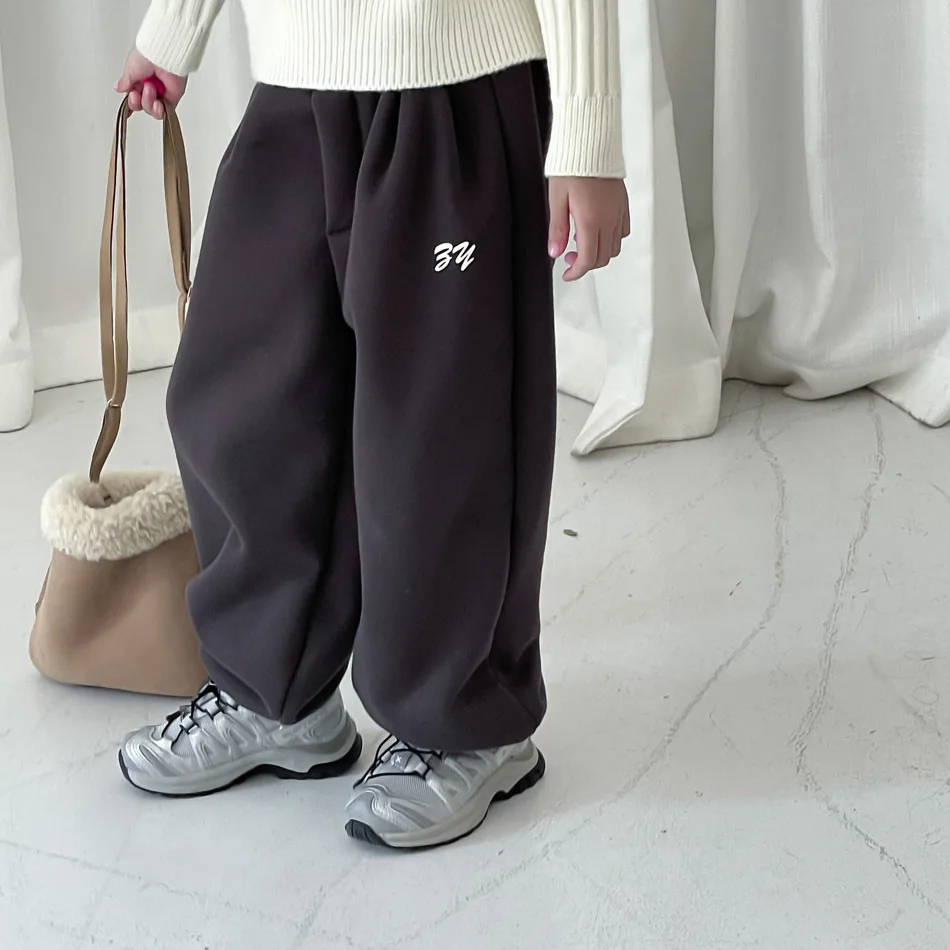 

Children Clothing Girls Sweatpants Boys and Girls Winter New Fashionable Korean Style Fleece Solid Color Letter Loose Pants
