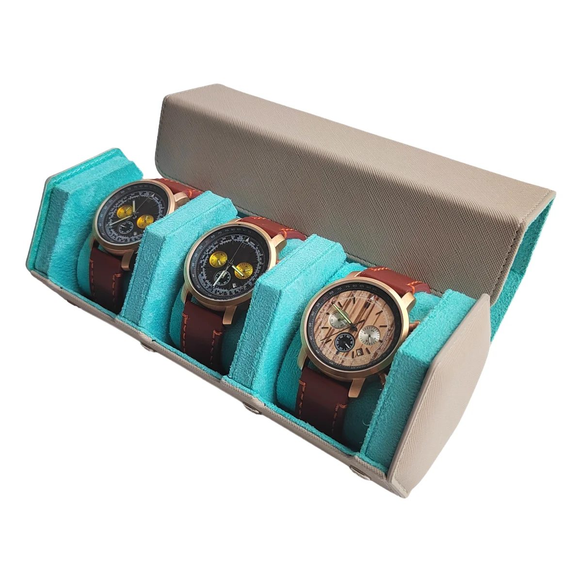 Custodia da viaggio di lusso con rotolo di orologio a 4 slot Scatola portaoggetti per orologi con display in vera pelle vintage chic con organizer per orologi scorrevoli  1524