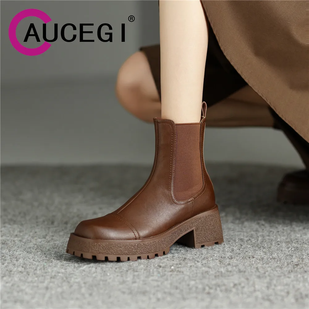 

Aucegi Vintage Quality Leather Chelsea Ankle Boots Platform Thick High Heel Round Toe Ladies Autumn Winter Leisure Wild Shoes