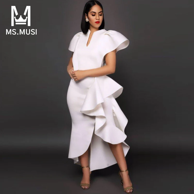 

MSMUSI 2023 New Fashion Women Sexy V Neck Falbala Ruffles Draped Fold Short Sleeve Bodycon Party Club Event Slim Slit Midi Dress