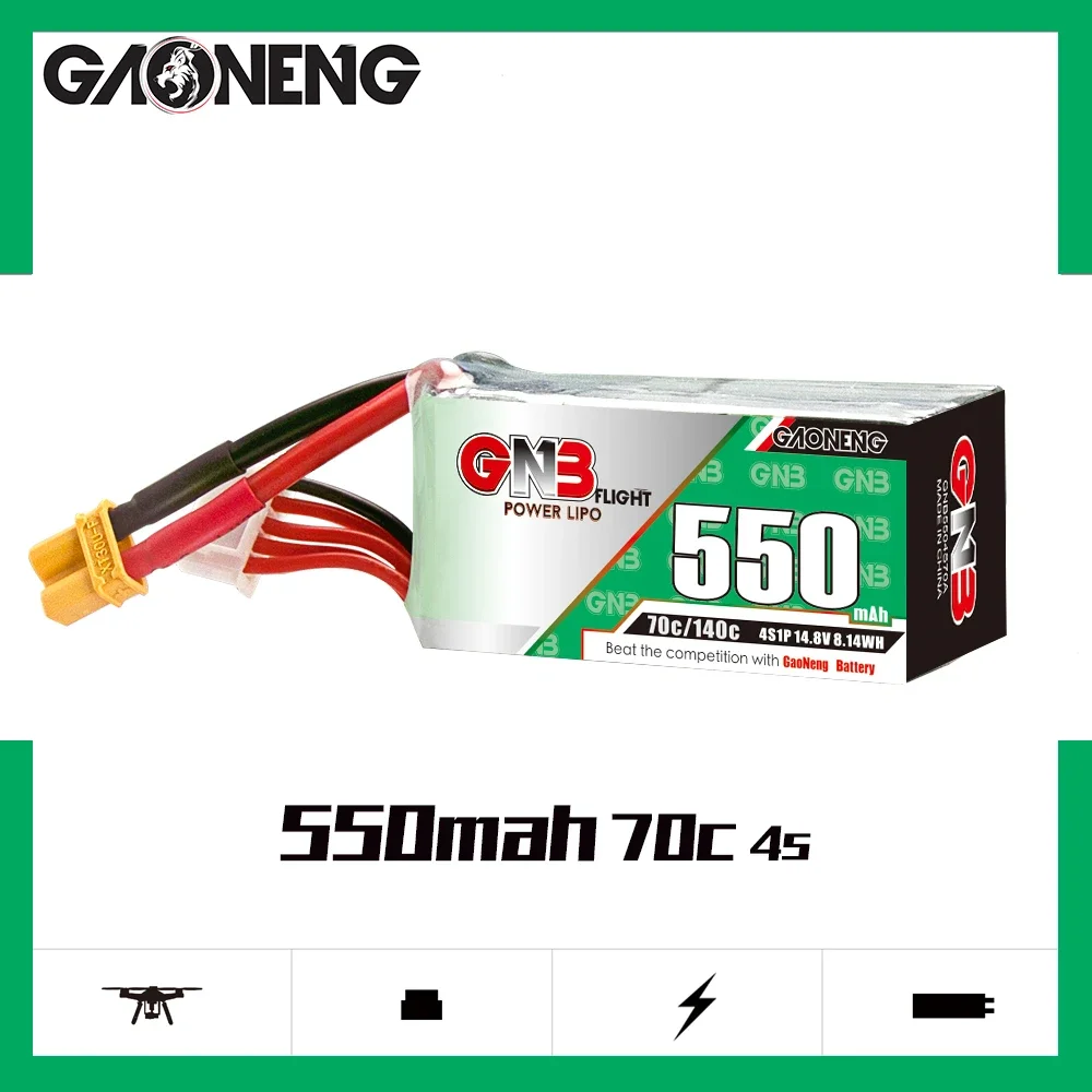 

GAONENG GNB 550mAh 4S 70C 140C 14.8V XT30 LiPo Battery 2 to 2.5 inch Propeller FPV size 90 to 150mm Brushless Drone
