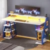 Gaming Table 55'' with LED Light and Storage Shelves, Computer Table with Monitor Stand, Power Outlets and Pegboard, White/Blue 3
