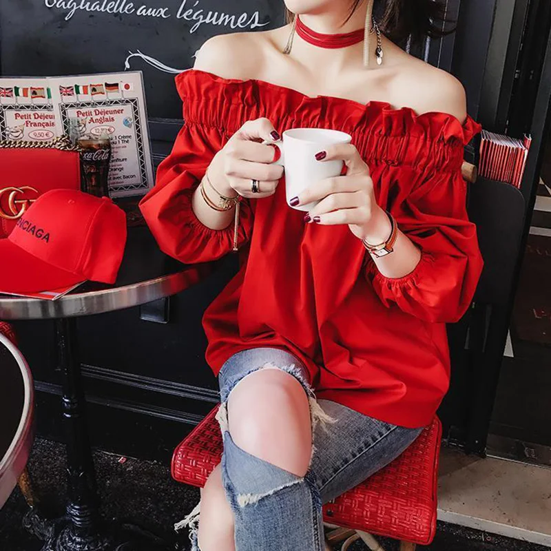Red Sweet Off Shoulder For Women Bubble Sleeve Clothes Crop Top Casual Solid T-shirt Youthful Fashion Streetwear Trend All-match