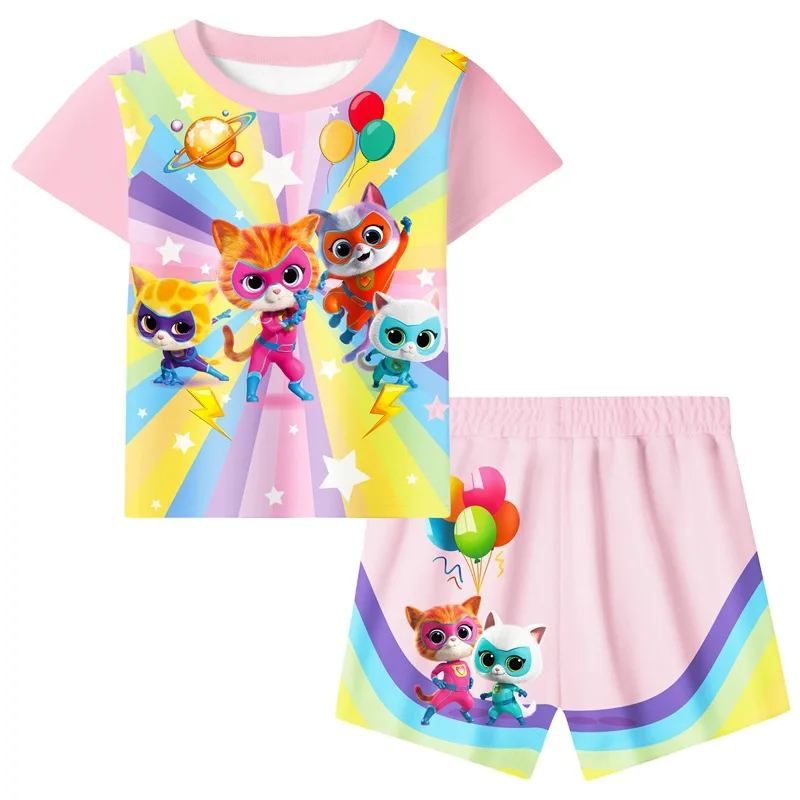 

Детский комплект одежды SuperKitties из 2 предметов, Летний Детский костюм, детские футболки и шорты, комплект из топа для мальчиков и девочек, спортивный костюм