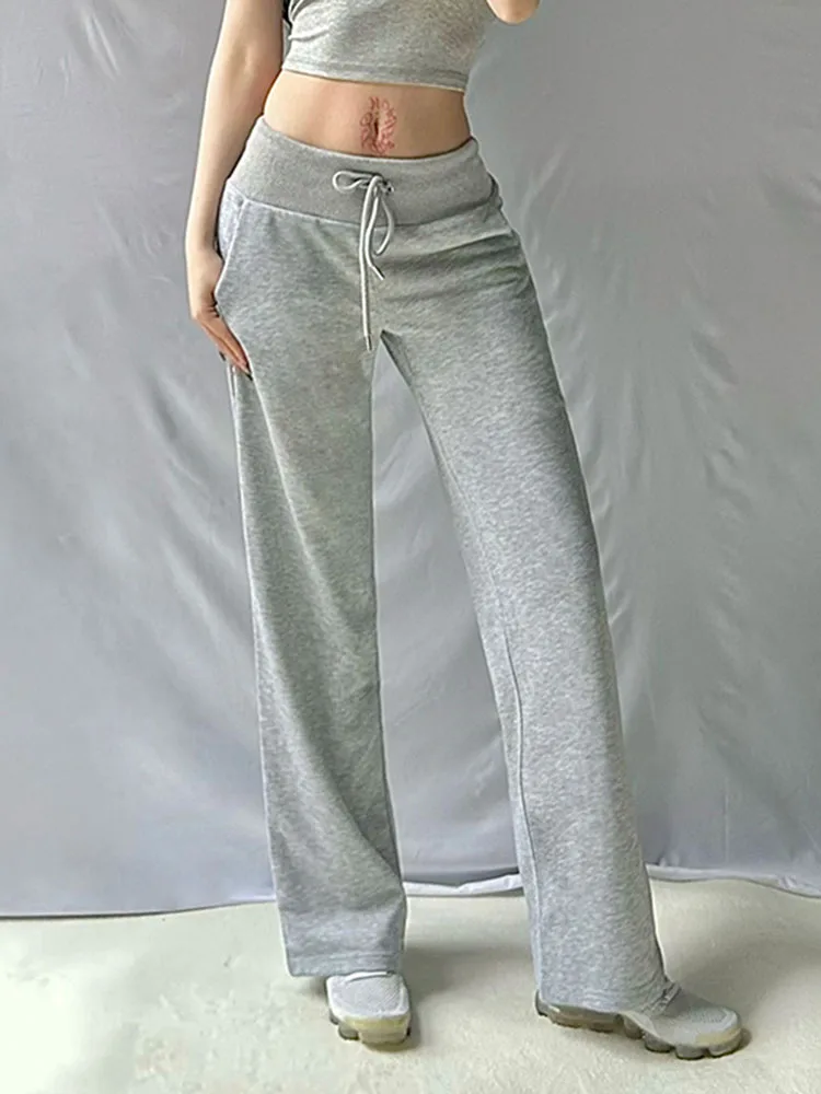 IAMSURE Casual Basic Solid Pockets Track Pants Loose Low-Waisted Wide Lge Pants Women 2024 Summer Fashion Streetwear Ladies