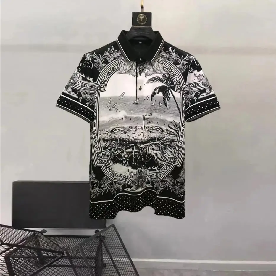 

Europe and the United States men's 2024 summer new lapel Short sleeve palace seascape print fashion Casual T-shirt