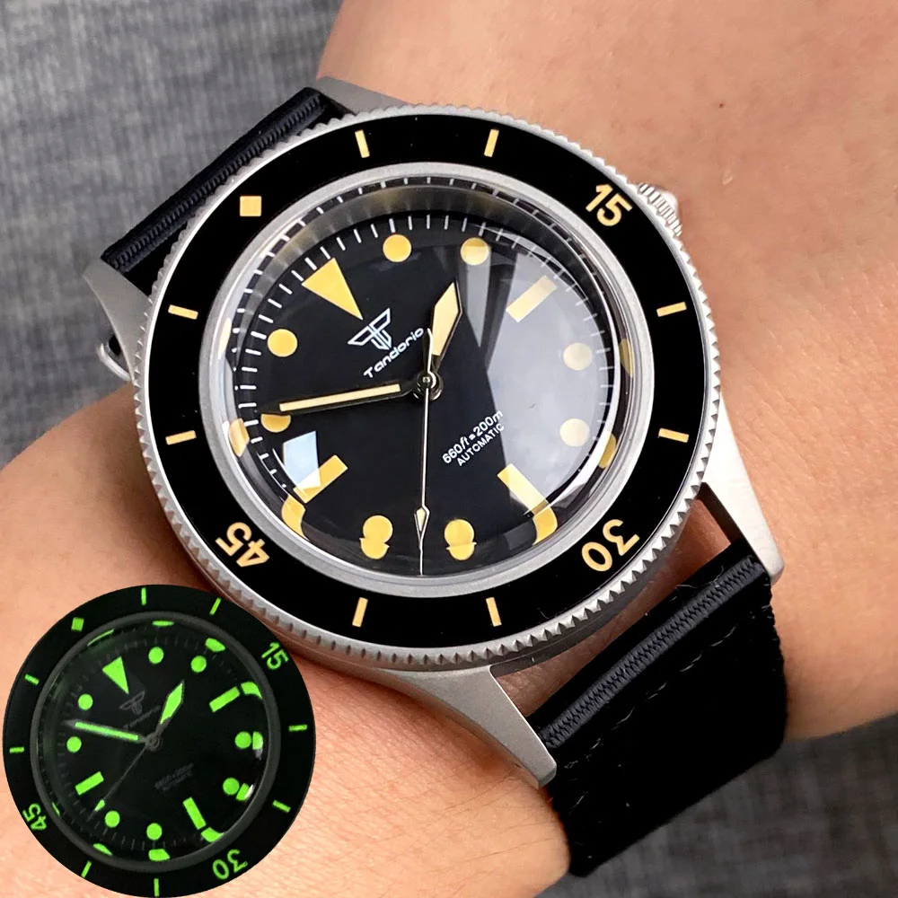 

50-Fathoms 40mm Tandorio Retro Watch For Men C3 Green Luminous Bezel NH35A Automatic 20ATM Waterproof Sapphire Glass Rotating