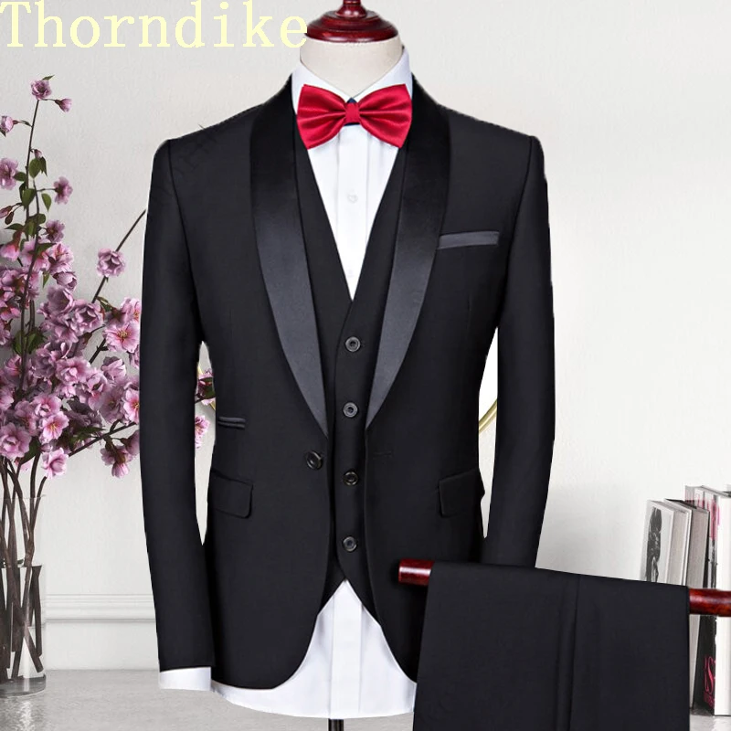 Thorndike Men Suits 3 Pieces Black Fit Casual Groomsmen Army Lapel Business Tuxedos for Formal Wedding (Blazer + Pants + Vest)