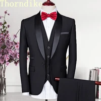 Thorndike Men Suits 3 Pieces Black Fit Casual Groomsmen Army Lapel Business Tuxedos for Formal Wedding(Blazer+Pants+Vest) 1