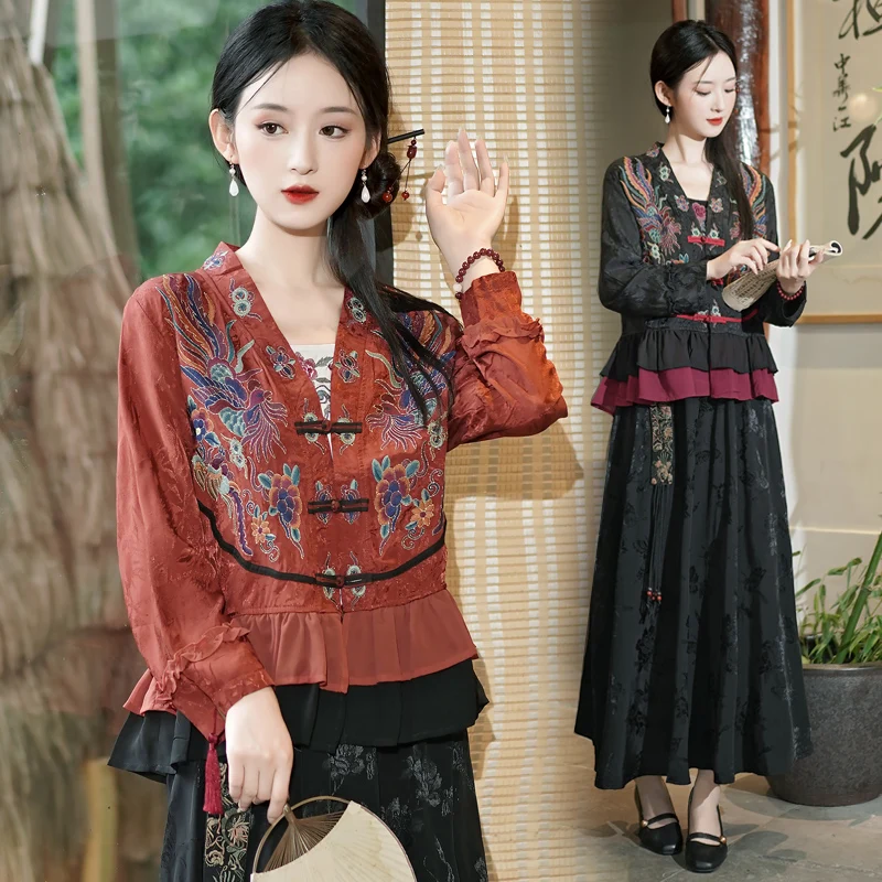 

2023 New chinese national style elegant embroidered blouse chiffon splicing slimming women v-neck long sleeve blouse s590