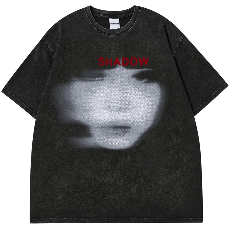 Gothic Harajuku Men's Washed Black T-Shirt Streetwear Face Aesthetic Graphic Clothes Cotton Vintage Tees Hipster Tops Summer Y2K