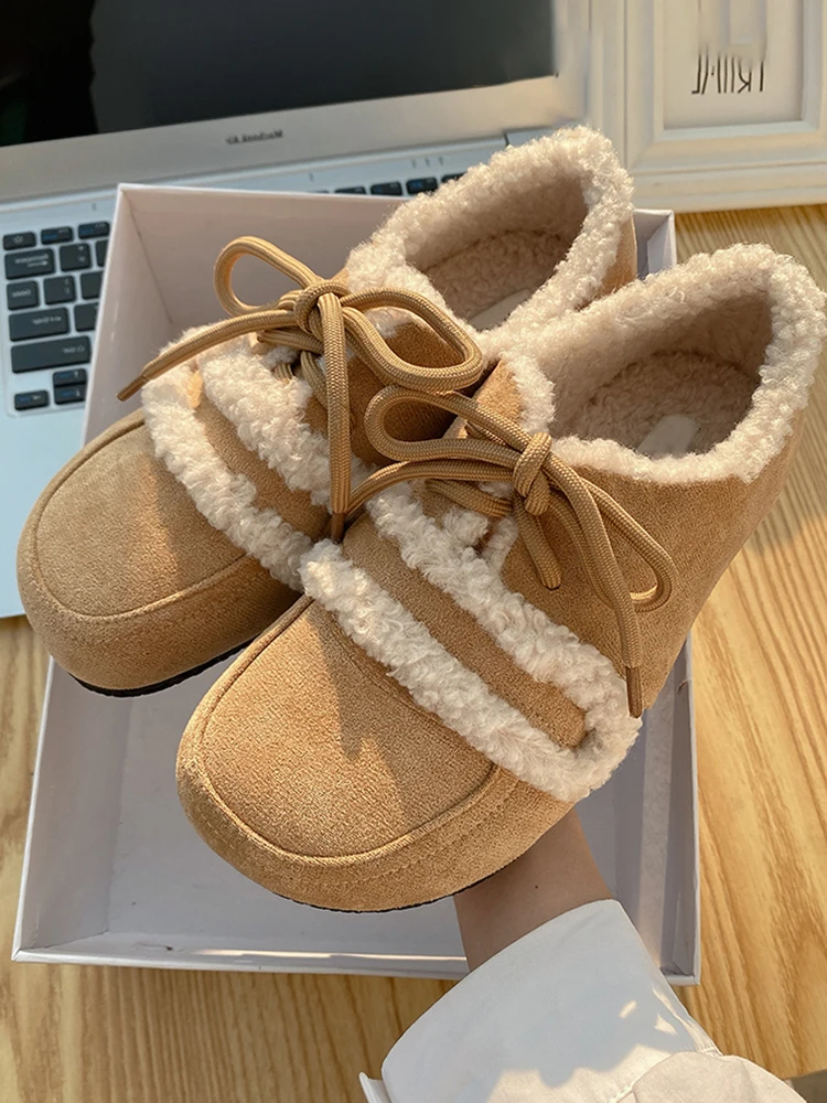 

Женская обувь на плоской подошве, теплая хлопковая обувь с круглым носком и плюшевой подкладкой в стиле ретро, зима 2022