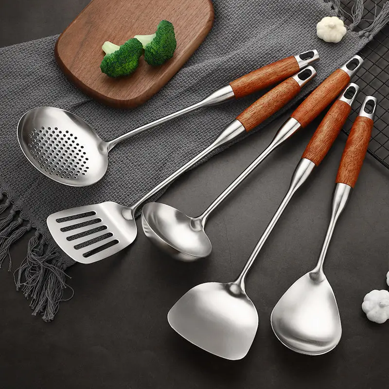 Thickened Stainless Steel Wooden Handle Spatula Soup Cooking Frying Shovel Anti-Scald Colander Integrated Kitchen Utensils