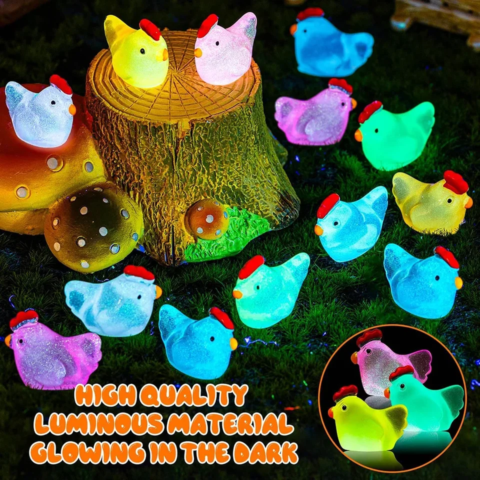 40pcs Glow In The Dark Mini Chicken Figurines - 8 Colors, Resin Decor For Fairy Gardens & DIY